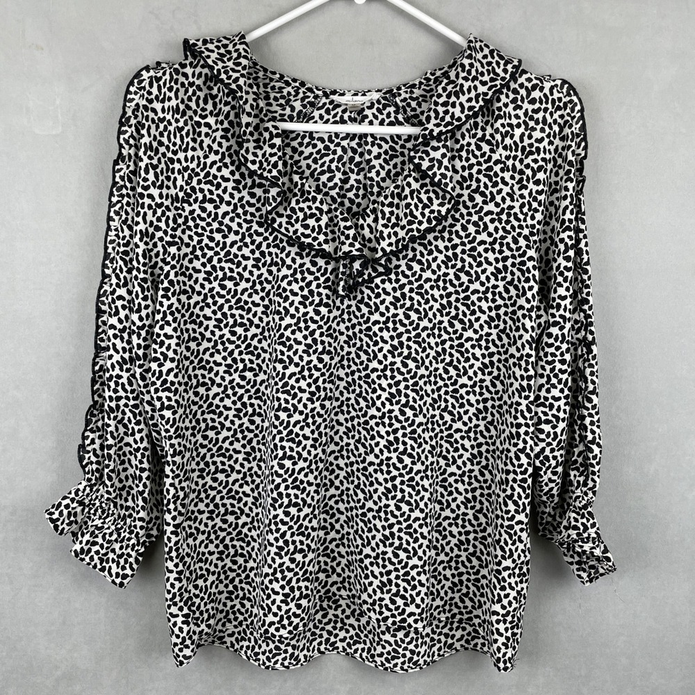 Milano Wmn Black White Leopard Print Ruffle V-Neck Blouse M Long Sleeve Romantic